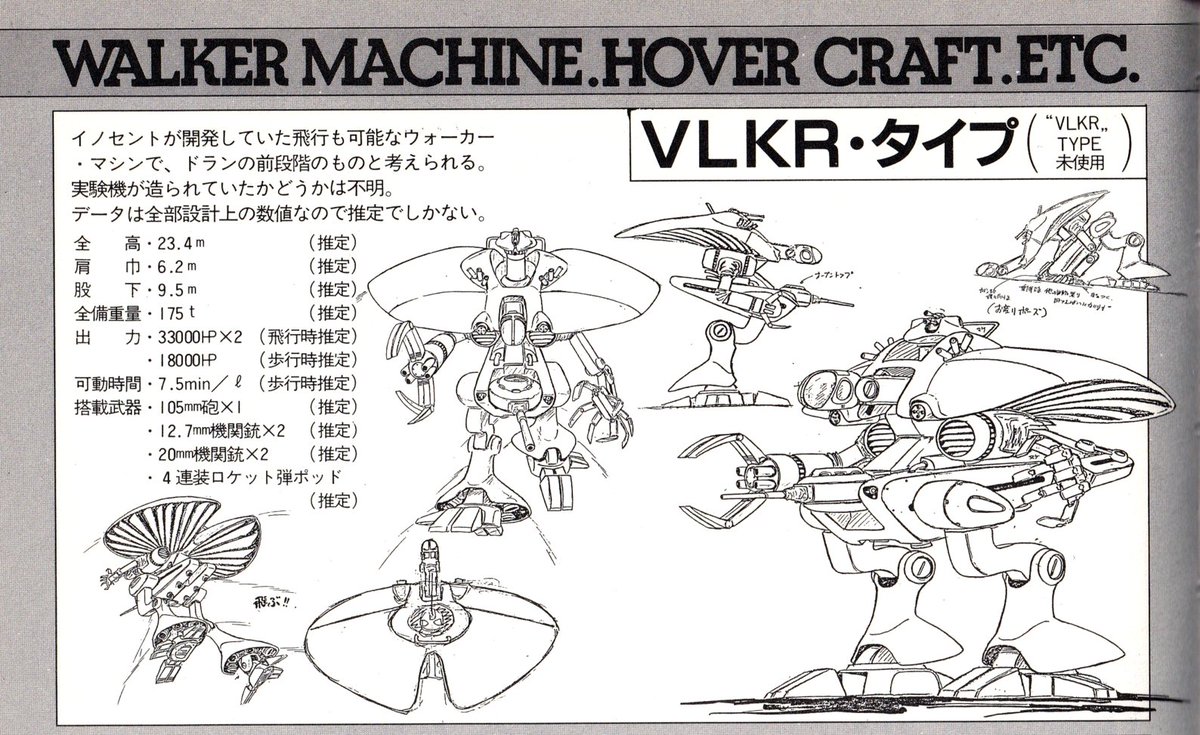 ザブングルの記録全集を読み返して「おっ、こんなにまとまって載っていたのか!」と気づいた出渕氏デザインの本編未登場のWM「VLKR」タイプの設定画。 (「VLKR」の読みは出渕氏によると『ご自由に』との事) ドランの前段階のマシンだったのか。 #ザブングル #ウォーカーマシン #出渕裕