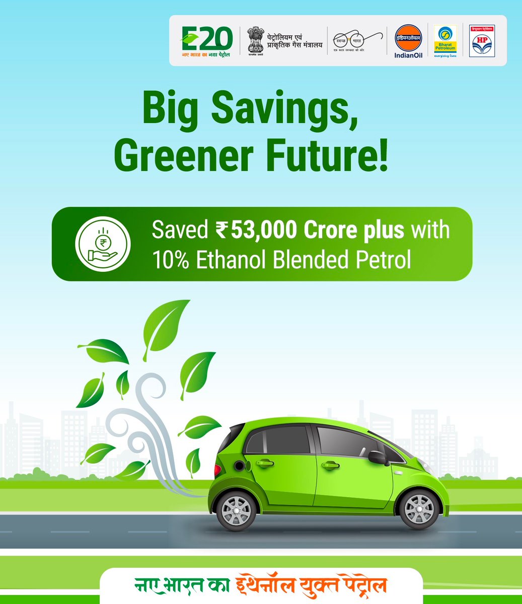 IndianOilcl's tweet image. Did you know? India has saved a whopping ₹53,000 plus crore by blending 10% ethanol in fuel!

Join the sustainability revolution and fuel a brighter future!

 #EthanolBlending #SustainableIndia