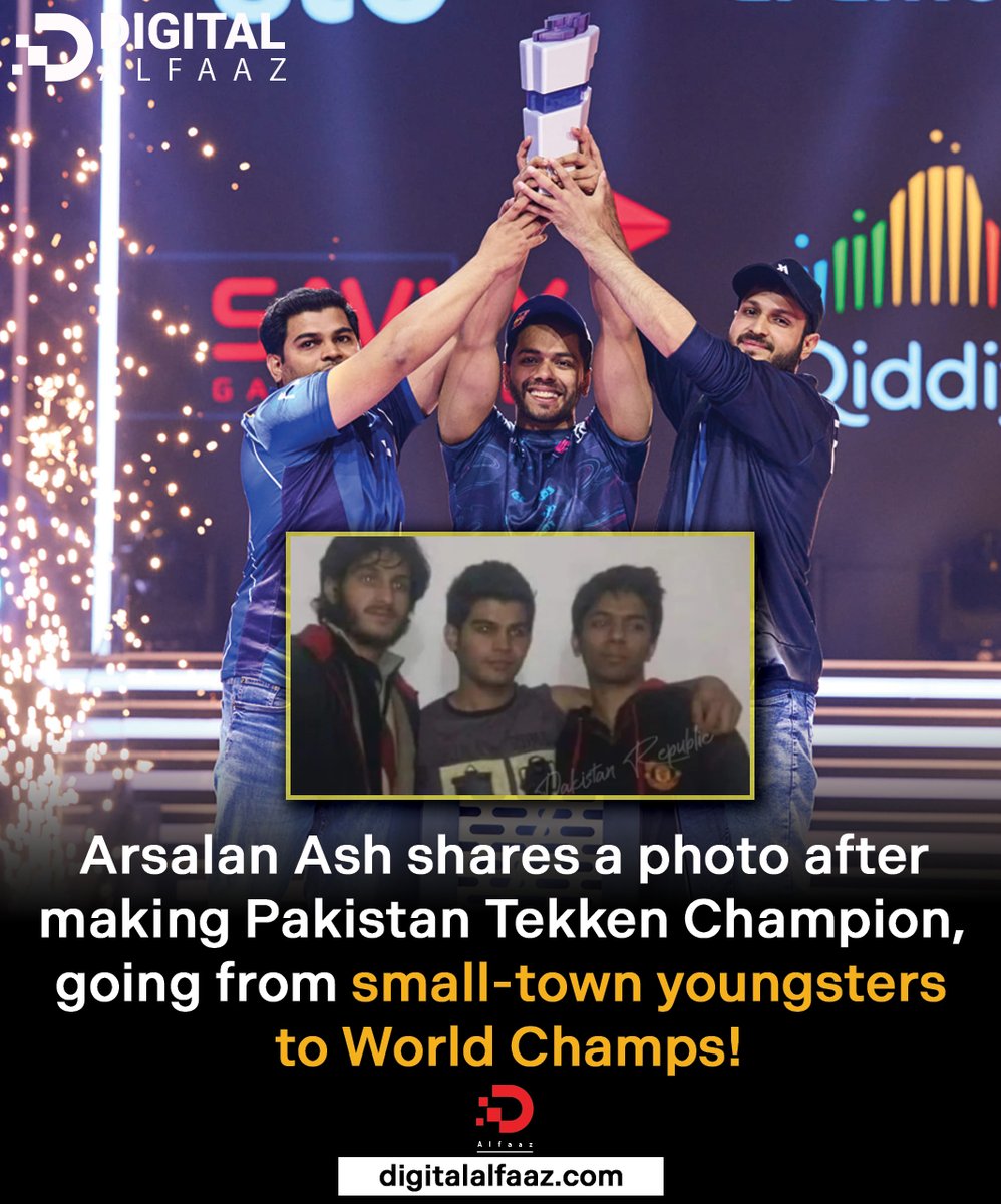 DigitalAlfaaz's tweet photo. Arslan Ash, Atif Butt, and Fate Khan, three friends from Pakistan, triumphed in the famous Gamers8 Tekken Cup 2023 by defeating tough opponents from South Korea and winning the championship.

This outstanding accomplishment not only confirms their position among the gaming elite but also provides as motivation for aspiring players throughout the world.

They would congregate at Ash's house in a tiny village where they first met, equipped with antiquated PCs and their unwavering devotion to the game.

They both developed a love for the famous fighting game Tekken, spending endless hours improving their techniques. After Pakistan was named the greatest Tekken nation in the world today, the trio made the entire country proud.