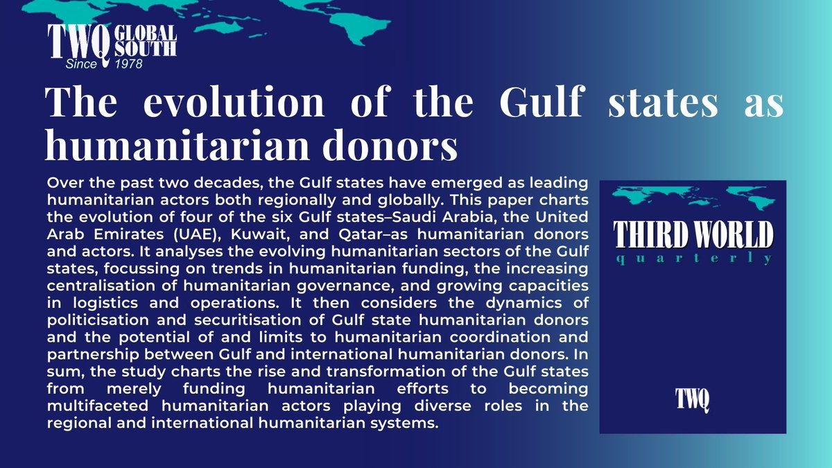 New in TWQ this week (and open access) 🔓🌎

@GElkahlout  &amp; <a href="/SansomMilton/">Sansom Milton</a> chart the drivers and dynamics influencing the emergence and long-term evolution of the #GulfStates as #HumanitarianActors

doi.org/10.1080/014365…

#HumanitarianAssistance #ForeignAid #MENA
