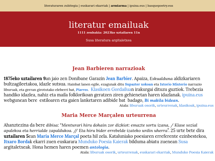 armiarma's tweet photo. Literatur #Emailuak

Ziurgabetasun garaiotan, 1111 astez, gure irakurleei literaturaren inguruko albisteak, ekitaldiak, liburuak eta gure sareko berri bidaltzen jarraitzen du. 

#1111Emailua  https://t.co/JKSQlZ81G2 

#ARMiARMA literaturaren sarean https://t.co/pbBbklP92a