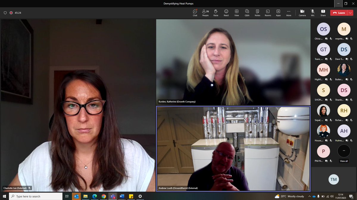 Our heat pump webinar is live, with panelists Andy Louth of <a href="/groundtherml/">Groundtherm ltd</a>, and Charlotte Lee from the <a href="/HeatPumpAssoc/">Heat Pump Association (HPA)</a>. 

"The best heat pump for a building will come down to capital budget, the space available, the usage requirements of that building, and cooling."
Charlotte Lee.