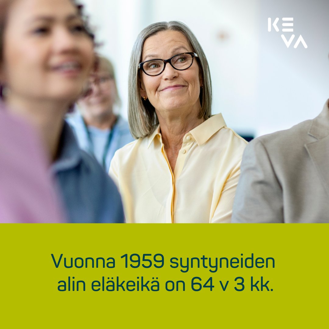 Eläkeikä vaihtelee syntymävuoden mukaan. Esimerkiksi vuonna 1959 syntyneiden alin eläkeikä on 64 v 3 kk, jonka he täyttävät vuonna 2023 tai 2024. Työssä voi myös jatkaa yli oman eläkeiän ja kerryttää näin itselleen lisää eläkettä. 
📲 keva.fi/uutiset-ja-art…

#eläkeikä #eläke