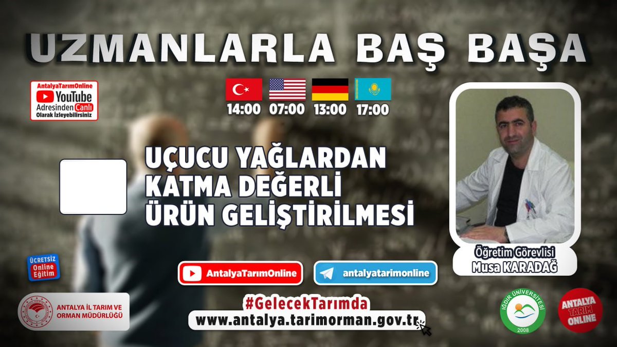 antalyailtarim's tweet photo. #UzmanlarlaBaşBaşa
Iğdır Üniversitesinden Dr. Öğr. Üyesi Musa Karadağ'ın anlatımıyla Uçucu Yağlardan Katma Değerli Ürün Geliştirilmesi👇 
https://t.co/ZsL15FO93O

 #GelecekTarımda #TarımAntalyada

@ibrahimyumakli
@ersinyazici1
@gokhankaraca_ https://t.co/0tpwCSupnR
