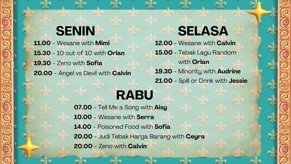 ALADDINenth's tweet photo. ⠀
⠀
                         JADWAL MOD
                        10-14 Juli 2023

   ⠀⠀⠀ https://t.co/9uqQutz0uL