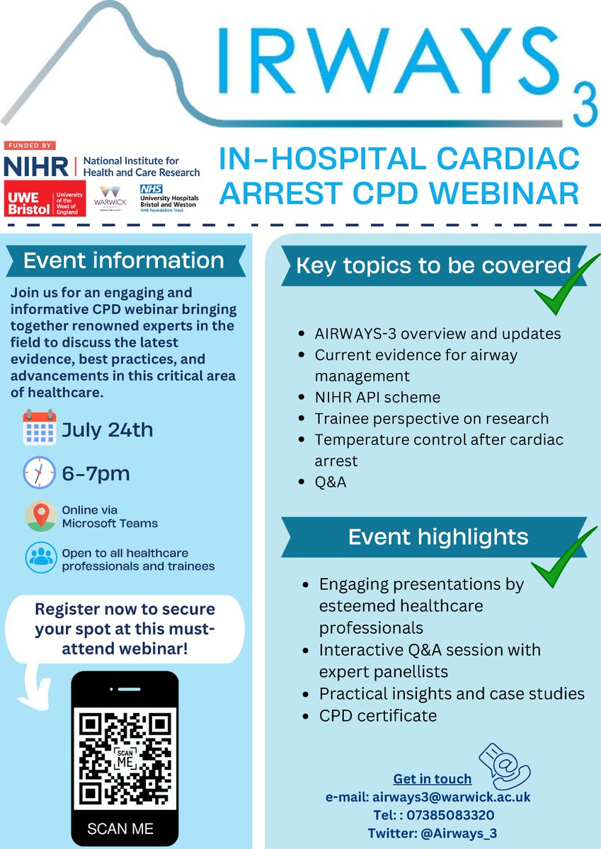 Join us for the AIRWAYS-3 In-Hospital Cardiac Arrest CPD Webinar!👩‍⚕️👨‍⚕️Gain valuable insights from leading experts in the field and enhance your knowledge on resuscitation and cardiac arrest during the interactive Q&amp;A 🫀 🫁. Register now and secure your spot!⬇️#AIRWAYS3 #CPDWebinar