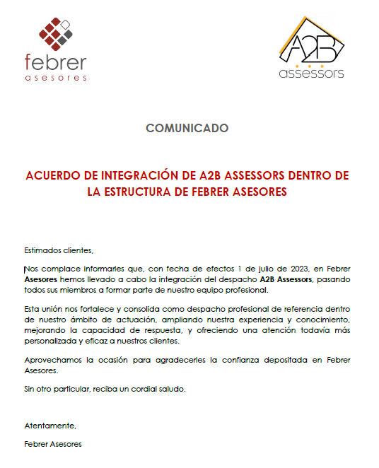 febrerasesores's tweet photo. Este mes de julio hemos llevado a cabo la integración del despacho profesional A2B Assessors, cuyos miembros han pasado a formar parte de nuestro equipo.  Seguimos sumando! https://t.co/9bEyX6c0wi