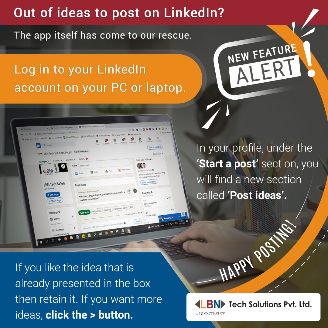 LbnTech's tweet photo. Exciting news! LinkedIn's new feature comes to the rescue when you're out of ideas for posts. Log in on your PC, find "Start a post" & explore "Post ideas." Retain a suggestion or click > for more. Elevate your LinkedIn game with engaging content!
#LinkedInTips #LinkedInFeatures https://t.co/T4I57uugmy