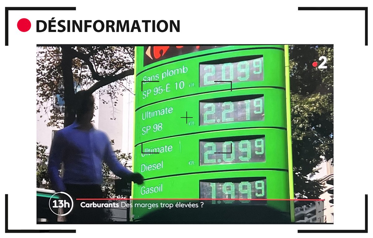 DÉSINFORMATION - Au sein d'un 13 heures de plutôt bonne facture, la rédaction de France 2 présente un reportage sur les "marges trop élevées" des distributeurs d'essence. Pour illustrer le propos, les journalistes choisissent une pompe à essence où les prix sont extrêmement