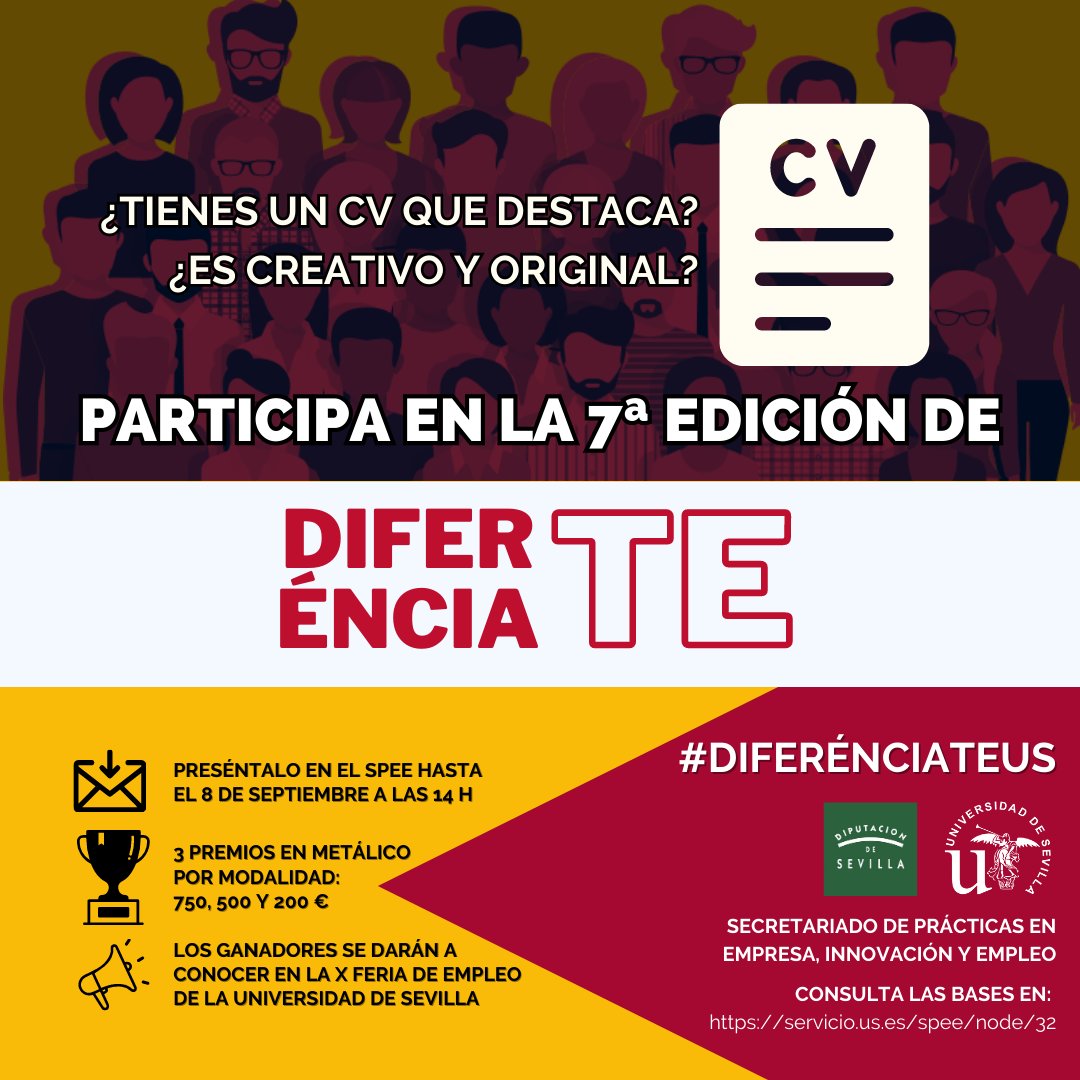 Prácticas/Empleo US (@spee_us) on Twitter photo Ya está aquí el concurso Diferénciate de <a href="/unisevilla/">Universidad de Sevilla</a> ¿¿Te lo vas a perder??
Consulta las bases en servicio.us.es/spee/concursocv Ya está aquí el concurso Diferénciate de <a href="/unisevilla/">Universidad de Sevilla</a> ¿¿Te lo vas a perder??
Consulta las bases en servicio.us.es/spee/concursocv