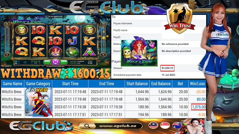 EGClub_Aus's tweet photo. Platform -  JOKER123
Game -  WITCH'S BREW

Deposit -  AUD 120.00
Withdraw - AUD 1600.15
Bet Amount - AUD 10.00

Join the club, feel the thrill – EGClub, where tongue twisters come to chill!
|Live Chat Room : https://t.co/dFYikqRdkr https://t.co/igILJcN6QC