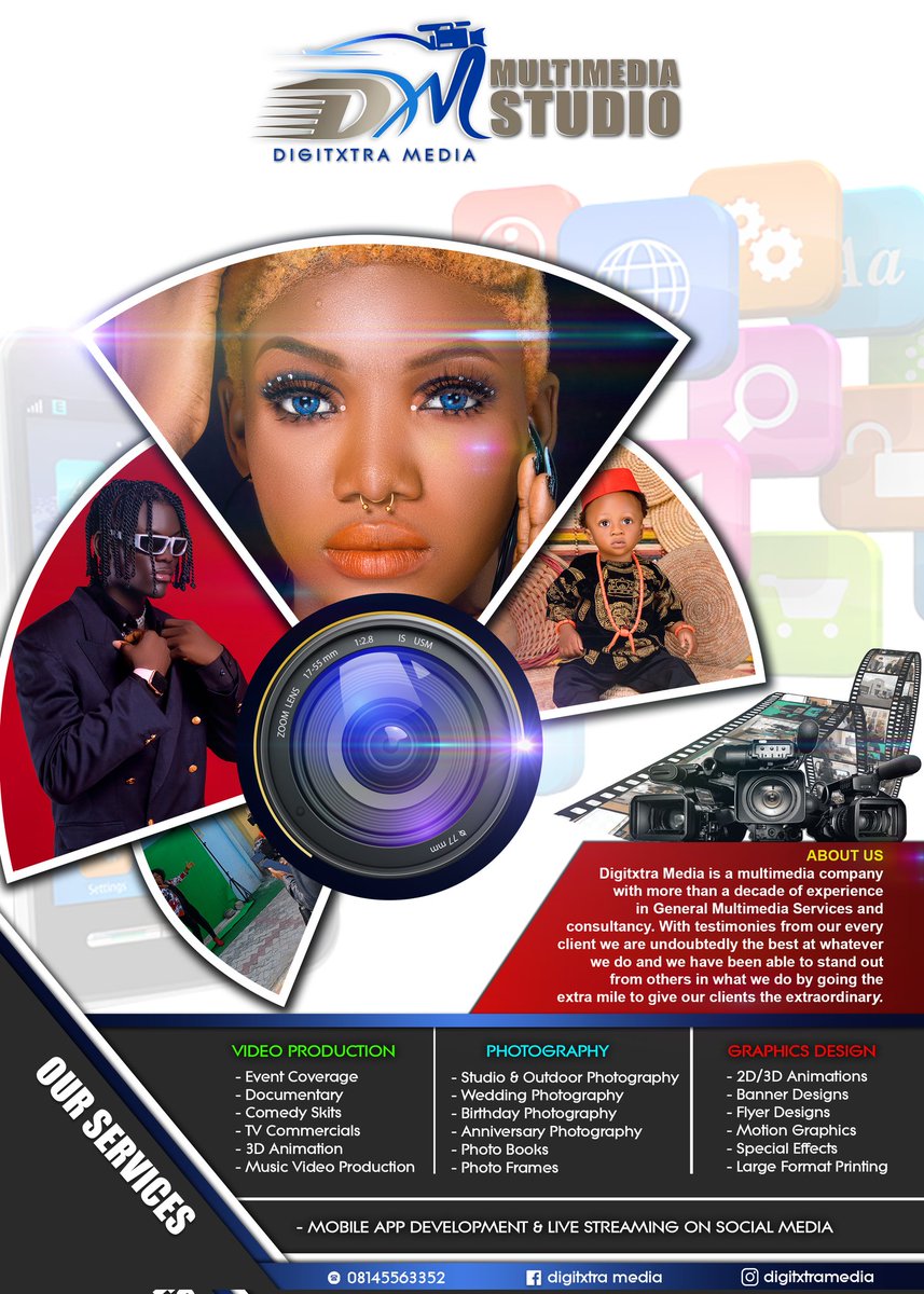 Digitxtra_MEDIA's tweet photo. For you Video Production, Photography, Graphics Designing, and Live Streaming, we are available for your weddings, Events, Photoshoots, TV programmes/Ads, Editing and lots more. contact us now.
@Digitxtra_MEDIA https://t.co/Gm6fqtlbHf