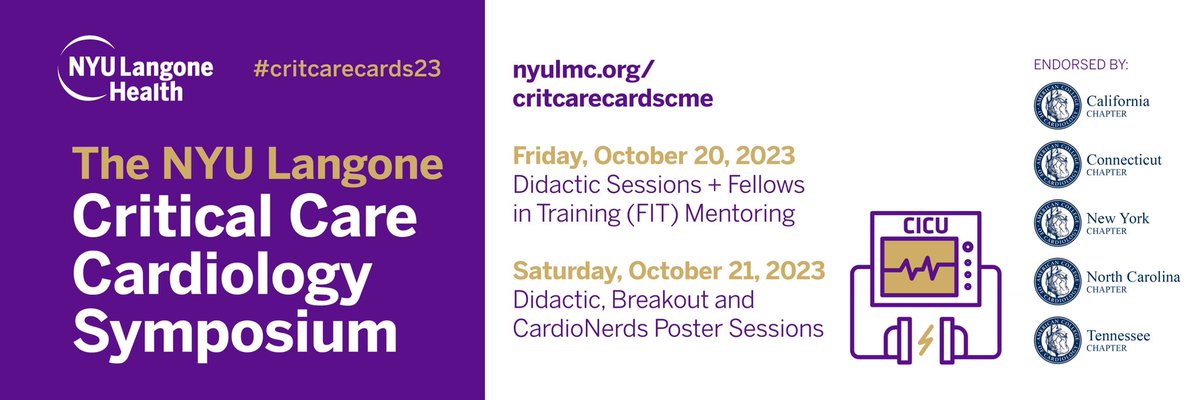 Registration open for the 3rd Critical Care Cardiology Symposium @nyulangone!! @BellevueHosp 🔥 Now expanded 1.5 days! 🔥@CardioNerds poster session! 🔥FIT Mentoring lunch 🔥 Crit care skills Sim session 🔥Endorsed by 5 ACC chapters! #critcarecards23 Nyulmc.org/critcarecardsc…