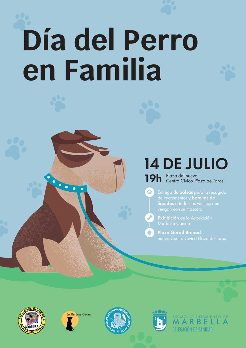 Ayto_Marbella's tweet photo. 🐶 Este viernes, 14 de Julio, te esperamos en la celebración del 'Día del perro en familia'.

👉 Ven con tu mascota, disfruta de consejos y de exhibiciones y llévate un kit de recogida.

📌 Te esperamos a las 19.00 h, en la plaza junto al Centro Cívico Plaza de Toros.

#Marbella https://t.co/4SX4AnBnSg