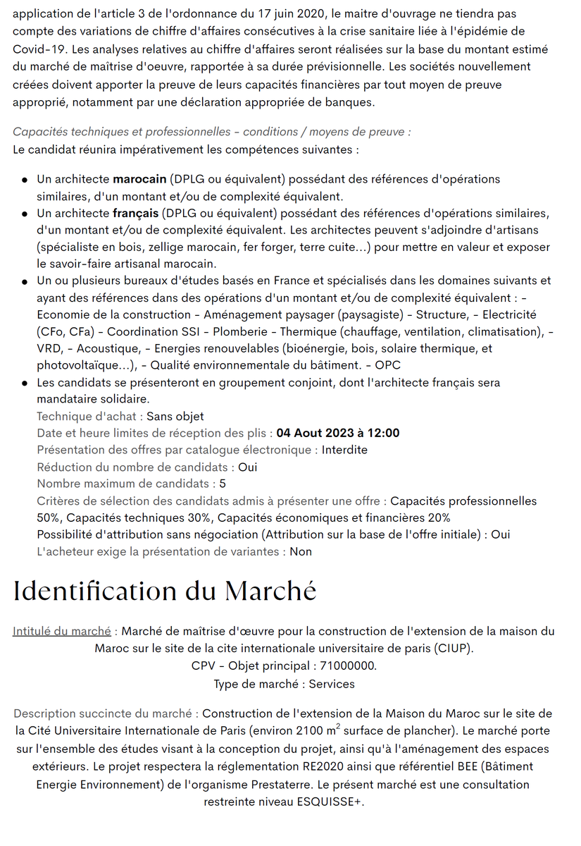 FMDM_paris's tweet photo. Consultation de Maîtrise d'œuvre pour le projet d'extension de la Maison du Maroc au sein du campus de la Cité internationale universitaire de Paris

https://t.co/ZjIBf44jxK
#maitrisedoeuvre #moe #architecte #maroc #architectemaroc #ciup #maisondumaroc https://t.co/7gGHTghLMG