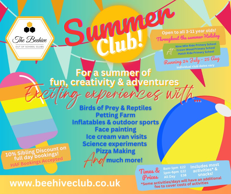 Not long now until the end of term and the start of the Beehive Summer Holiday Clubs @CrownWoodPS  @nmrprimary  & Hatch Ride Primary School ! 🥳
Our weekly schedules are available to view and download and can be accessed here: beehiveclub.co.uk/holidayclubs

#summerholidayclubs