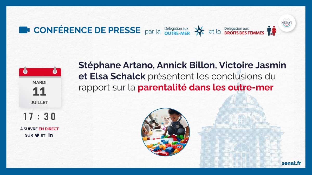 🔴 À 17h30, suivez en direct, sur nos réseaux sociaux et notre site, la conférence de presse de <a href="/StephaneArtano/">🇫🇷🇵🇲Stéphane ARTANO</a>, <a href="/AnnickBillon/">Annick Billon</a>, <a href="/SenatriceJasmin/">Victoire Jasmin</a> et <a href="/ElsaSchalck/">Elsa Schalck</a>, qui vont présenter les conclusions du rapport sur la parentalité dans les outre-mer.

🎥 sén.at/oggwP7