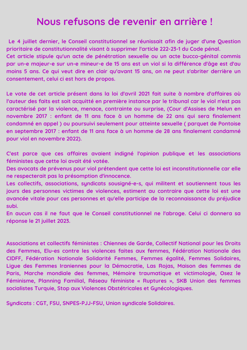 coldroitsfemmes's tweet photo. Un enfant ne peut pas être #consentant à un acte sexuel. C'est un #viol. Et ça doit le rester ! Nous refusons de revenir en arrière ! https://t.co/Vp3tdJFpGO