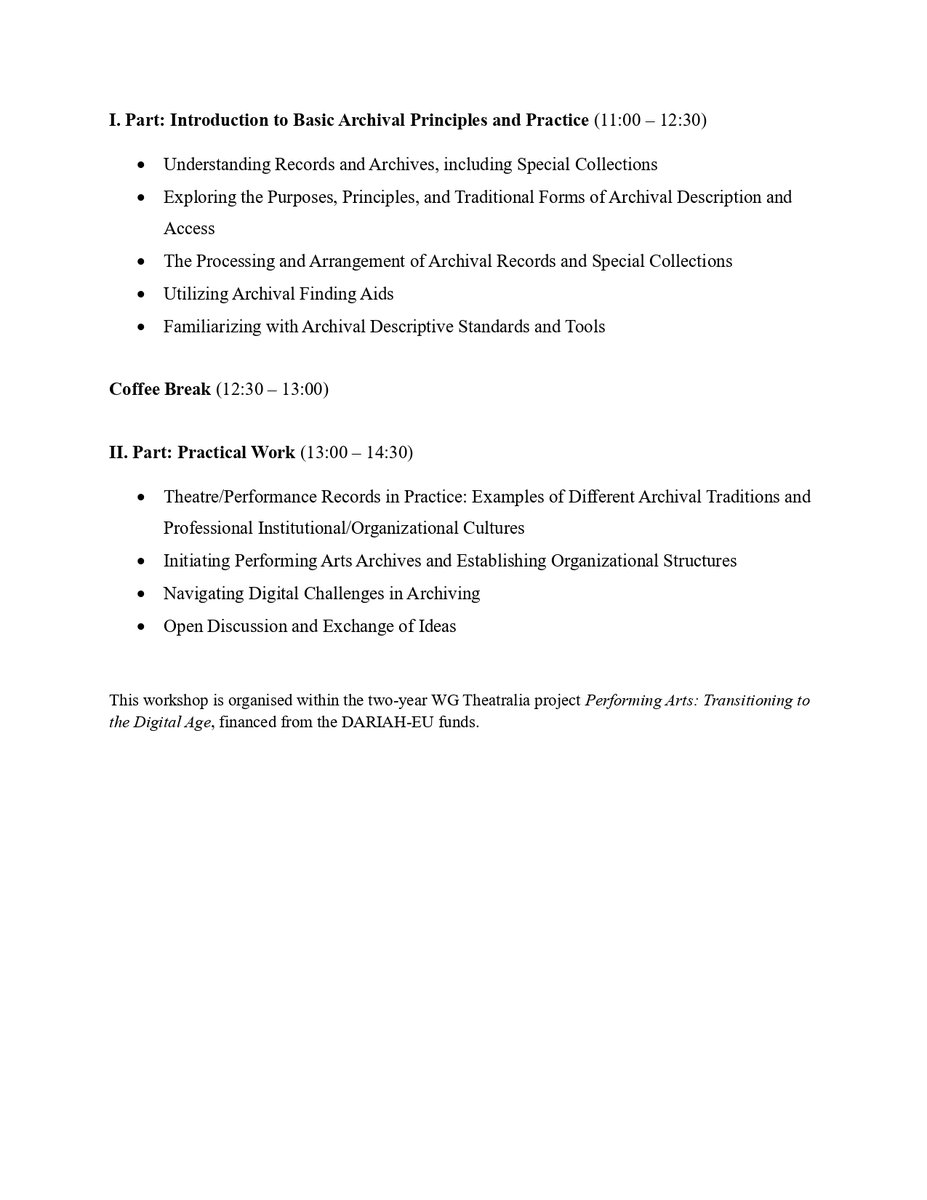 📢 Tomorrow's workshop on digitisation and archiving theatre records is just around the corner. 🗓️ Take a look at the comprehensive agenda for the event below. Don't miss out on this opportunity! Register now via Zoom: shorturl.at/kGM18. 🎟️