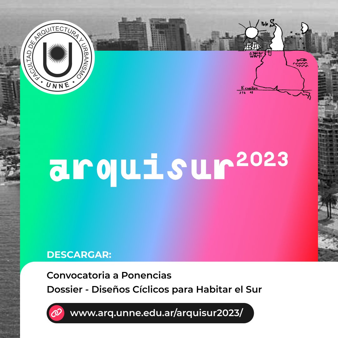 ARQUISUR 2023 - GIROS DE LA ARQUITECTURA
Montevideo, Uruguay (11, 12 y 13 de Octubre)

TEMÁTICA ARQUISUR 2023
Supraciclajes de arquitectura, diseño y ciudad

🔗 Más información de Arquisur
arq.unne.edu.ar/arquisur2023/

✉️ Enviar a
premiosfauarquisur@gmail.com