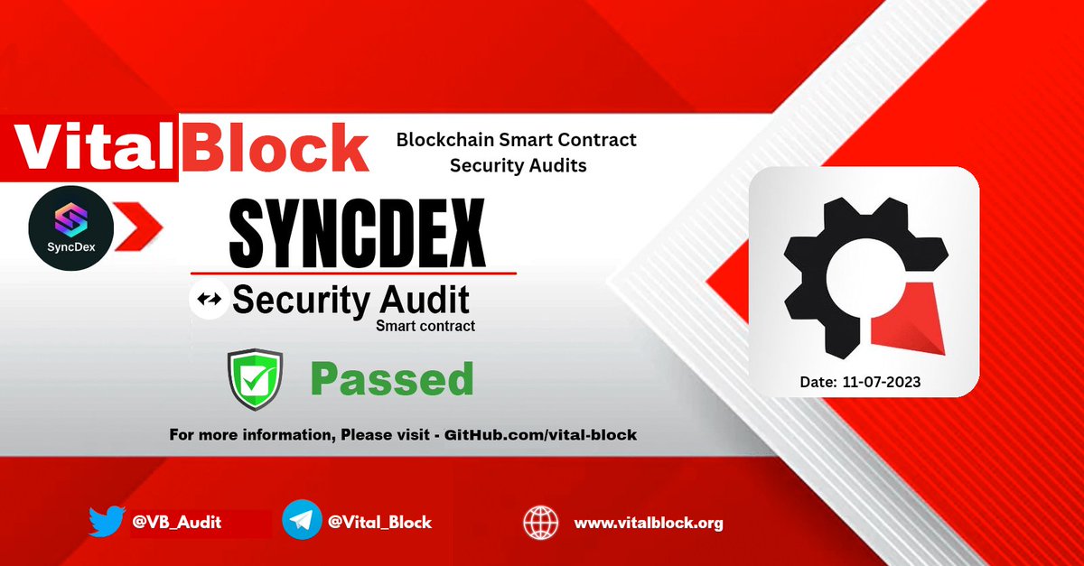 VB_Audit's tweet photo. @VB_Audit Has Completed The Smart Contract Security Audit Of @Sync_Dex #SYNCDEX

📝 Review Full Audit Report On VB - GITHUB 📜 https://t.co/Se8X48uMBQ

☎️ Request Audit or KYC  👉 @VB_Audit

🌐 https://t.co/RY4BZYqen9

#smartcontracts #Audit #cryptocurrency #zkSync https://t.co/yKS5PEUfqX
