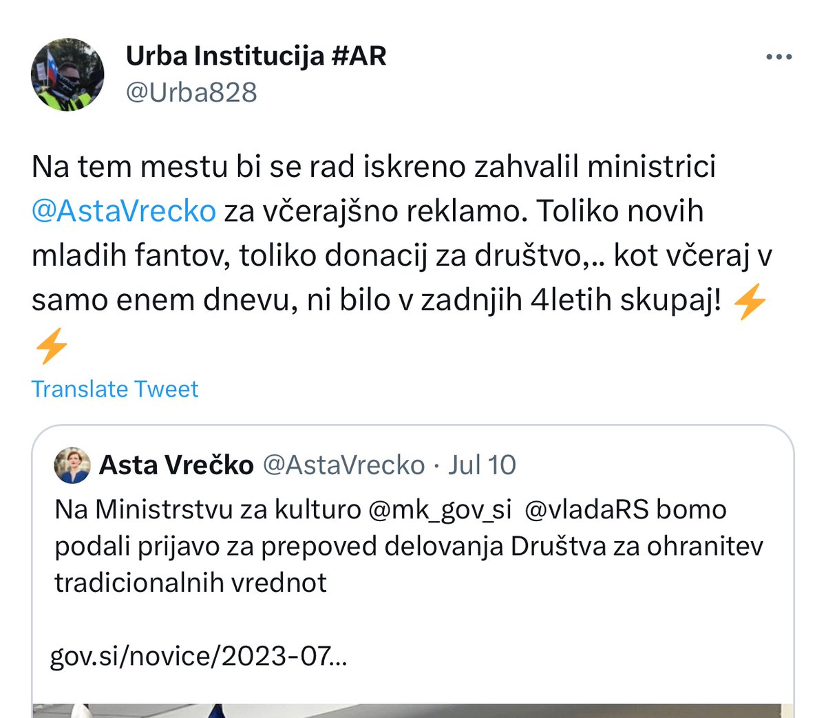 Društvo za promocijo tradicionalnih vrednot se poskuša zaradi postopka prepovedi delovanja distancirati od rumenih jopičev ter bivšega predsednika in neonacista Urbana Purgarja.
Ampak Urban Purgar v današnjem tvitu javno govori o administrativnih podrobnostih delovanja društva.👇