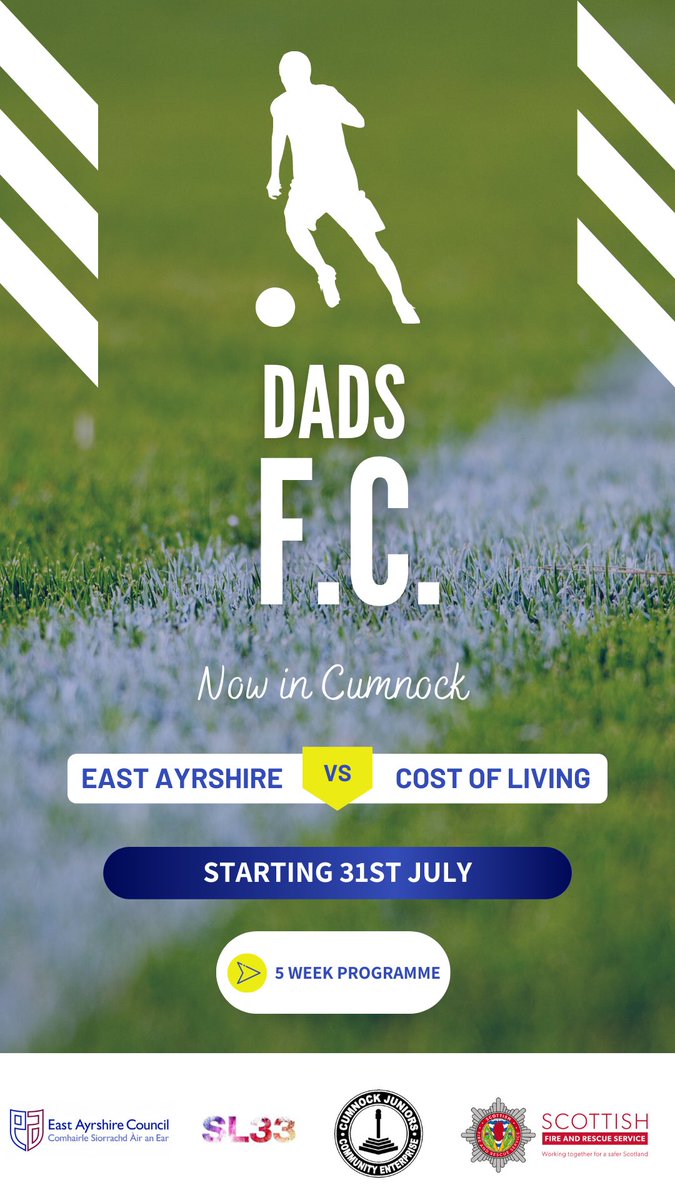 eaparentalsupp's tweet photo. 🗣️ As part of our delivery this year we cannot wait to launch Dads F.C. in Cumnock🌟 Commencing 31st July 🌟
⚽️ Parental employability support for Dads in partnership with @CumnockJnrsFC and @Scotfire_ENSA 
Get in touch to find out more:
📲 SL33@east-ayrshire.gov.uk https://t.co/P3YyayAVKu
