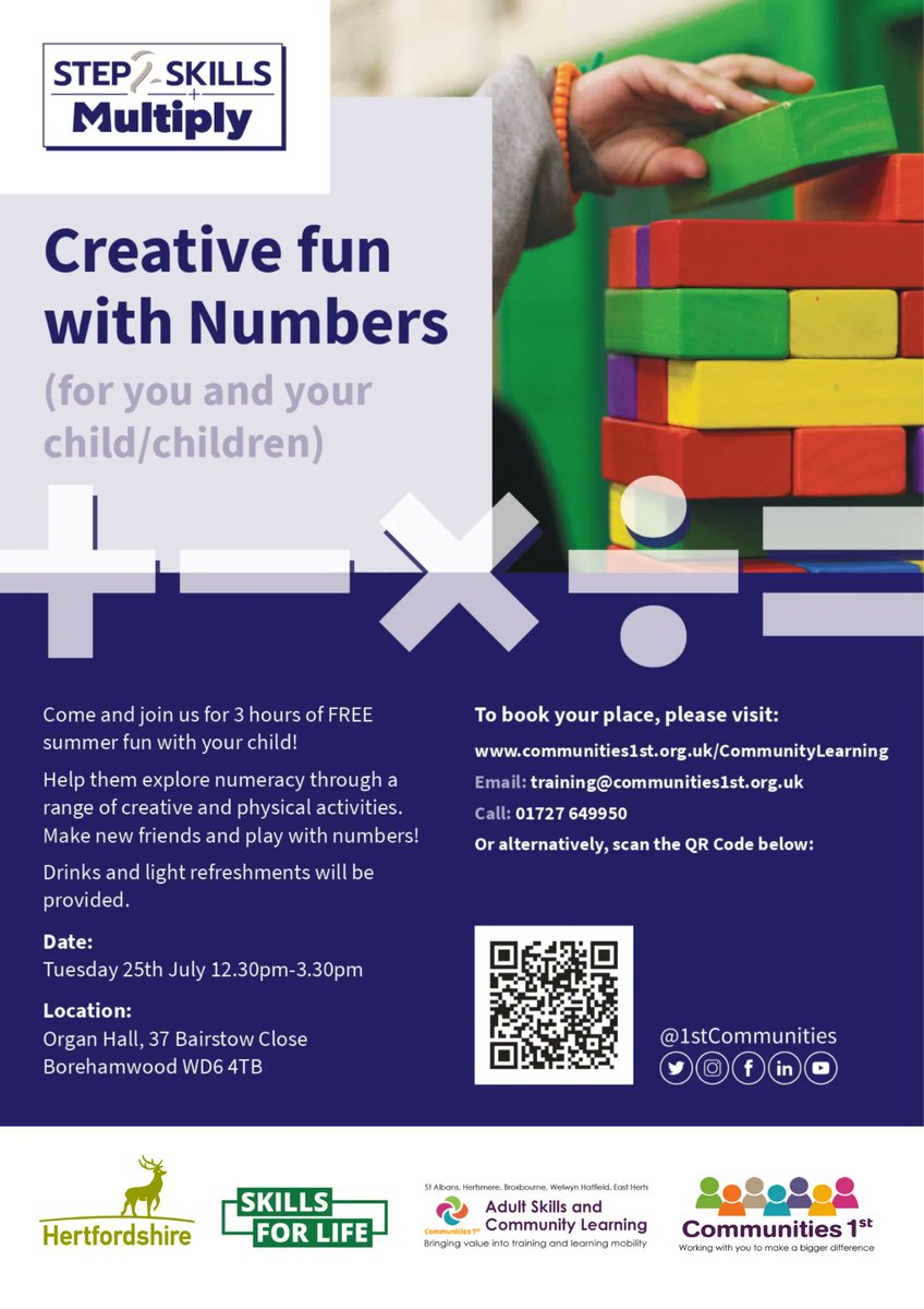 Parents, are you searching for educational Summer Holiday ideas? How about trying our FREE learning activity in Borehamwood on Tuesday 25th July: Creative Fun with Numbers. 

This session is for children under 10 and their parents. Sign up: buff.ly/3PPdhvJ @step2skills