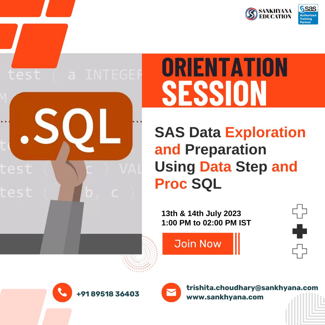 sankhayana's tweet photo. Register Here : https://t.co/ozTPsIB4lL
Mobile No. : +91 8951836403
Email Id : trishita.choudhary@sankhyana.com
#SankhyanaEducation #sankhyana #orientation #SAS #sql #orientation #freelivesession #SASTRAINING #sqldeveloper #covering https://t.co/yw67FRECK9