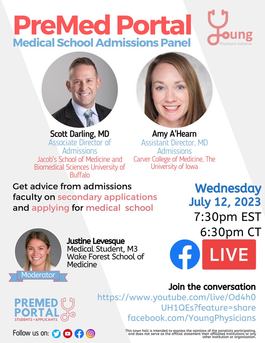 join us tomorrow (7/12) at 7:30 to connect with admissions faculty to ask questions and learn about secondary applications and applying for medical school!