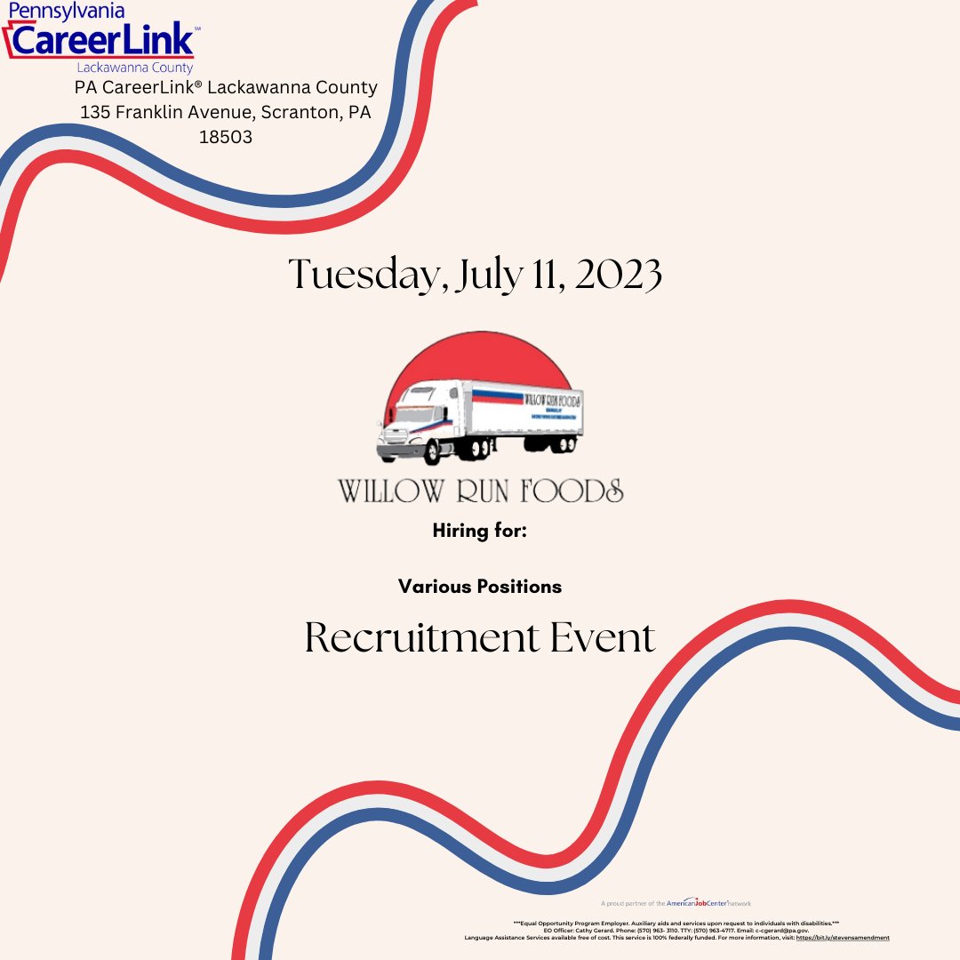 Looking for a rewarding career? Stop by today 07/11/2023 to visit with Willow Run Foods about their available positions!
💼 Willow Run Foods
⏰ 10 AM - 2 PM
📍 135 Franklin Ave, Scranton, PA 18503