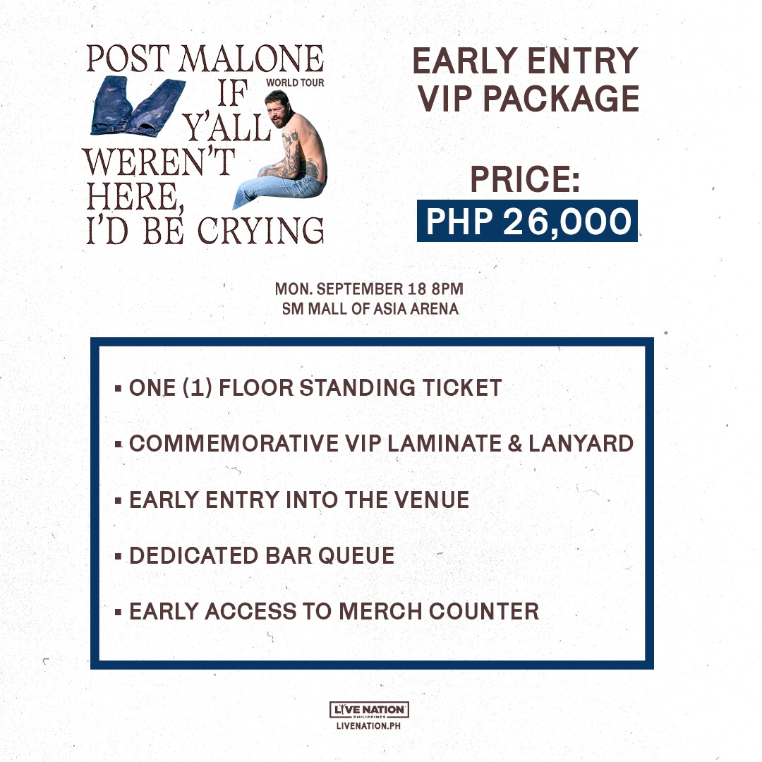 livenationph's tweet photo. Check this out - seat map, VIP package and ticket purchase guidelines are out❗

Post Malone: If Y'all Weren't Here, I'd Be Crying 2023 Tour
📆Sept 18, 2023
📍SM MOA Arena

LNPH presale: July 14, 10AM – 11:59PM
General onsale: July 15, 12PM https://t.co/z9Yk49FshB