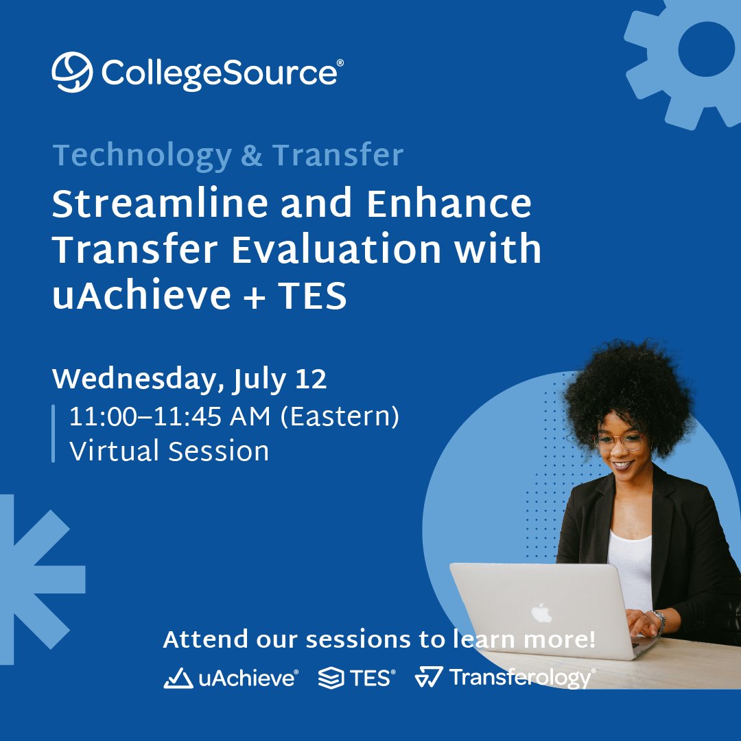 CollegeSource's tweet image. Join us on July 12 at @AACRAO Technology &amp;amp; Transfer Virtual Summit to learn how the uAchieve Degree Audit &amp;amp; Academic Planning system can shape a successful academic journey &amp;amp; help institutions meet their goals of automation, consistency, &amp;amp; speedier evaluations! #TechTransfer2023