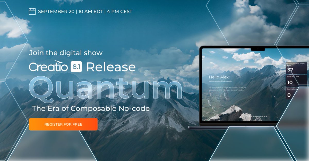 Creatio_Global's tweet photo. We are thrilled to announce that our major platform update, Creatio 8.1 Quantum, is to be presented on Sep. 20. Quantum is a next-generation release of #Creatio’s no-code platform, which will empower users to assemble apps with #nocode components.
Register https://t.co/YNP6ZRUcfe https://t.co/6a7q5p1R9N