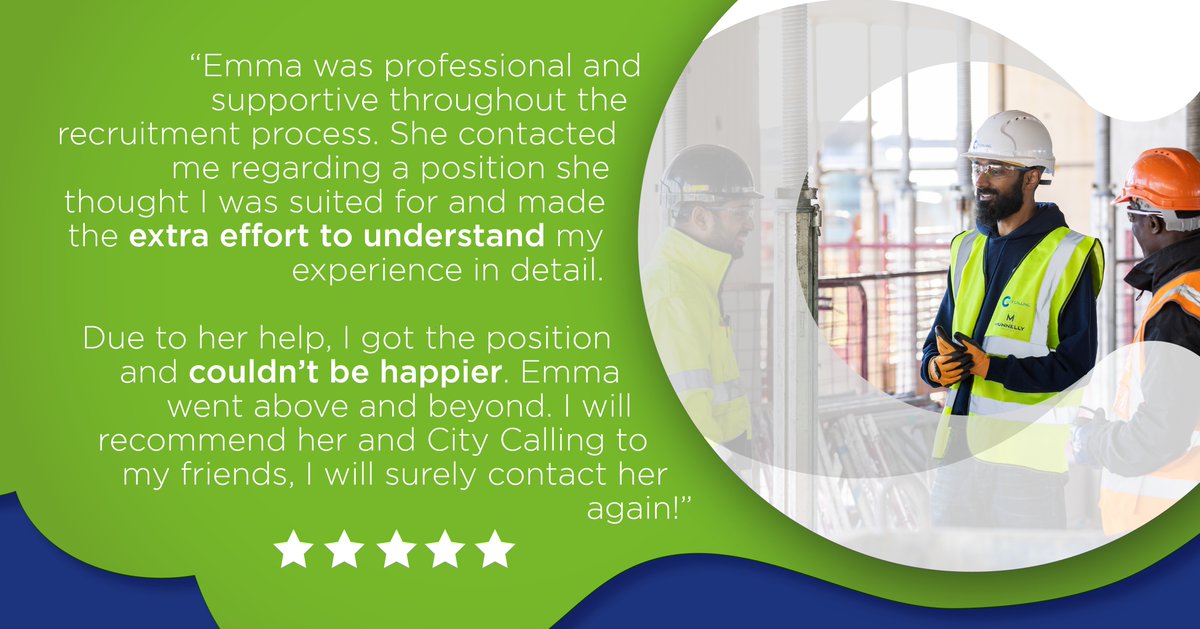 There’s been some glowing feedback for the City Calling team recently! ⭐⭐⭐⭐⭐

Let us help you #findyourcalling and experience the 5-star service that sets us apart. - bit.ly/3NtjYAT

#ukrecruitment #letushelp #infrastructure #constructionjobs #ukconstruction