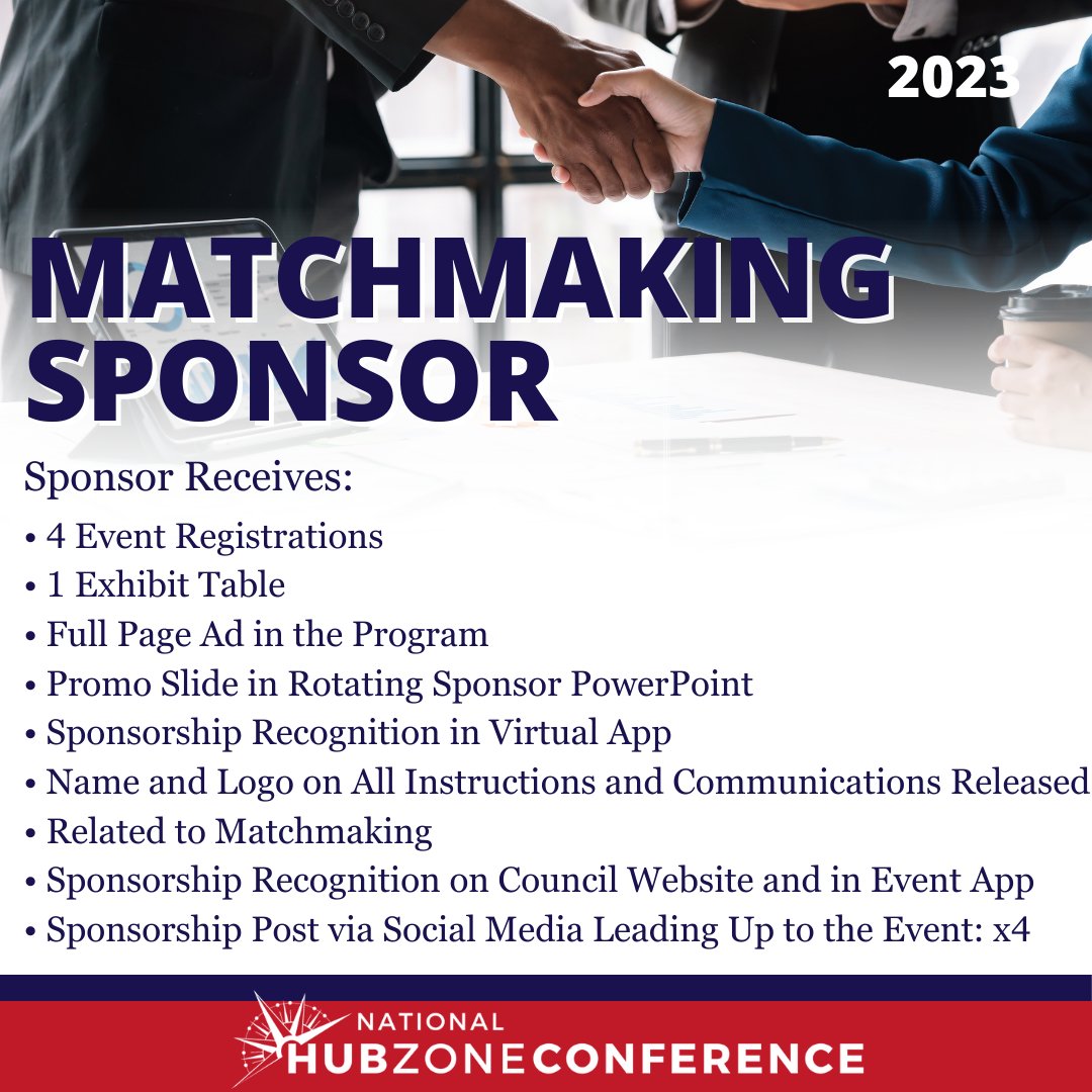 🤝 Get ready to make powerful connections at the 2023 National HUBZone Conference! The Matchmaking sponsorship opportunity is still available! 🌟
 hubzonecouncil.org/2023-National-…
 #GovernmentMatchmaking #BusinessConnections #HZConf23