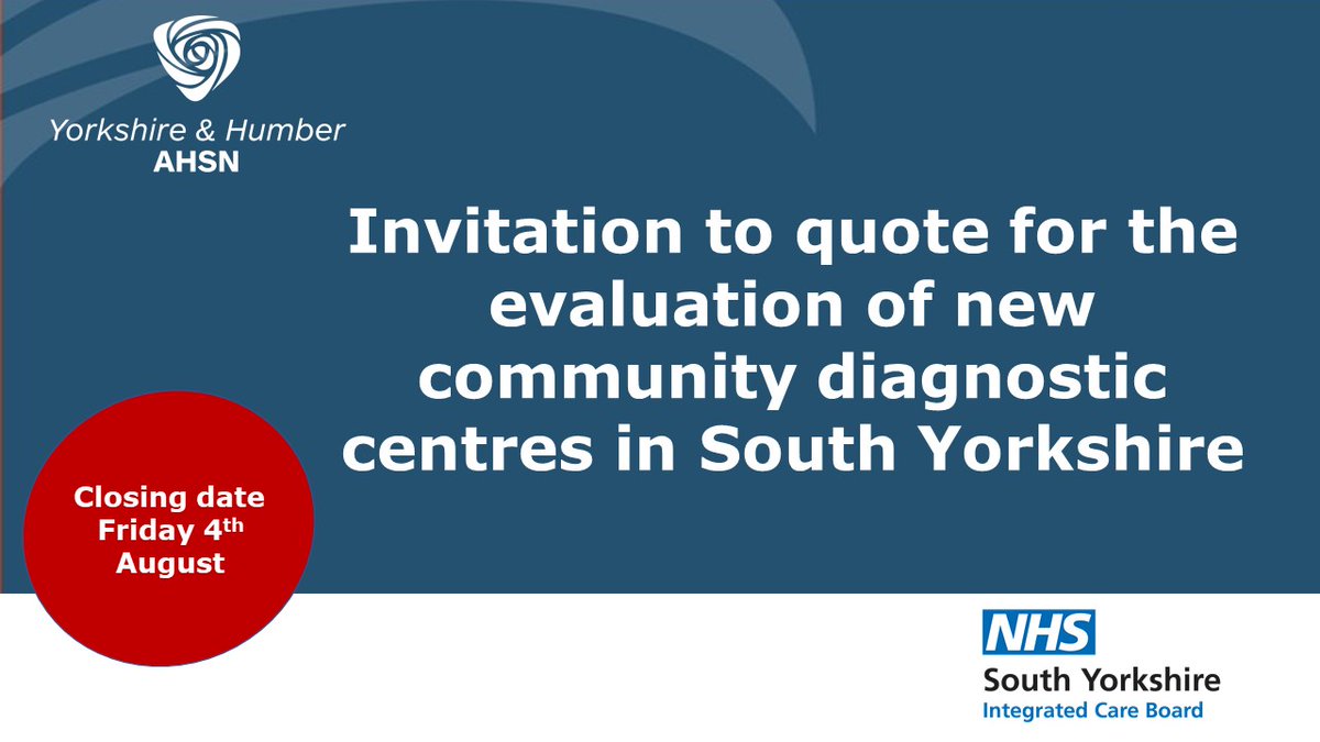 Calling all suppliers - ALERT! We're inviting your bids to help evaluate new community diagnostic centres across #SouthYorkshire. A project delivered by <a href="/SYInnovationHub/">SY Innovation Hub</a> on behalf of <a href="/NHSSYICB/">NHS South Yorkshire</a>  

Don't miss out: submit your proposal by Fri 04 Aug 👇🏼
yhahsn.org.uk/news/call-for-…
