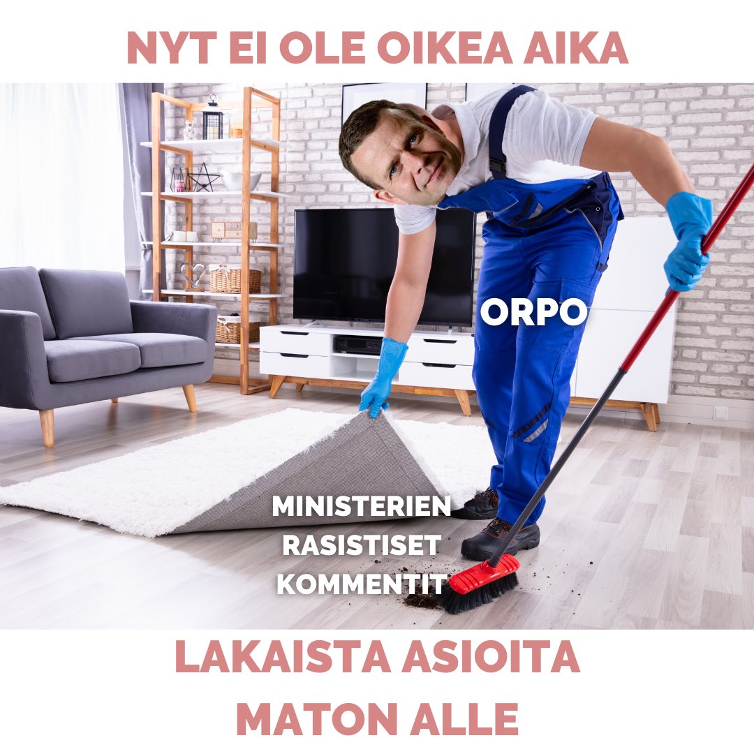 Demarinuoret's tweet image. Nyt ei ole oikea aika lakaista asioita maton alle 🧹

Petteri Orpon on otettava vastuu hallituksen ja ministerien teoista sekä sanomisista. Suomi ei kaipaa rasistista hallitusta! 

#Hallituskriisi
