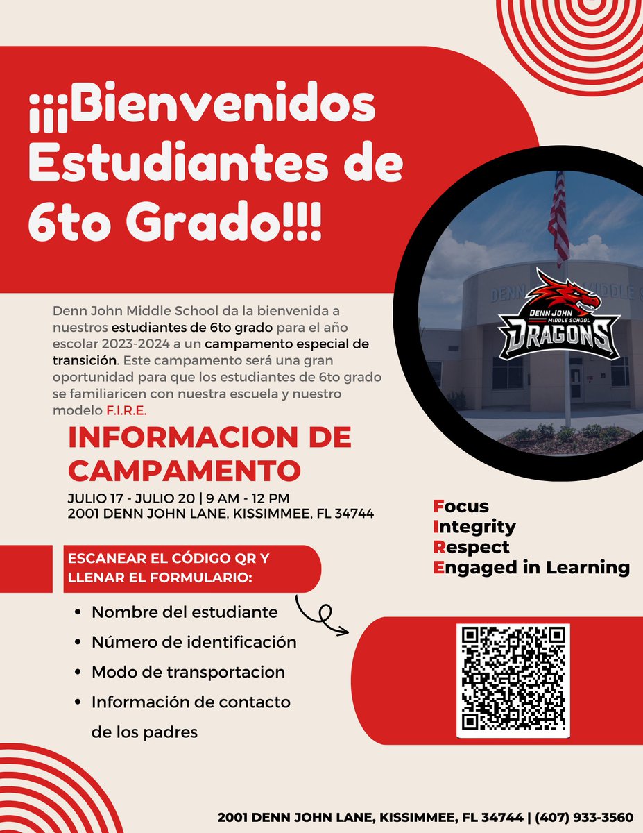 ATENCIÓN: Estudiantes salientes de 5to grado que asisten a la Escuela Intermedia Denn John en el otoño.  Están teniendo un campamento de verano para los estudiantes entrantes de 6º grado.  Consulte el folleto para obtener más información.