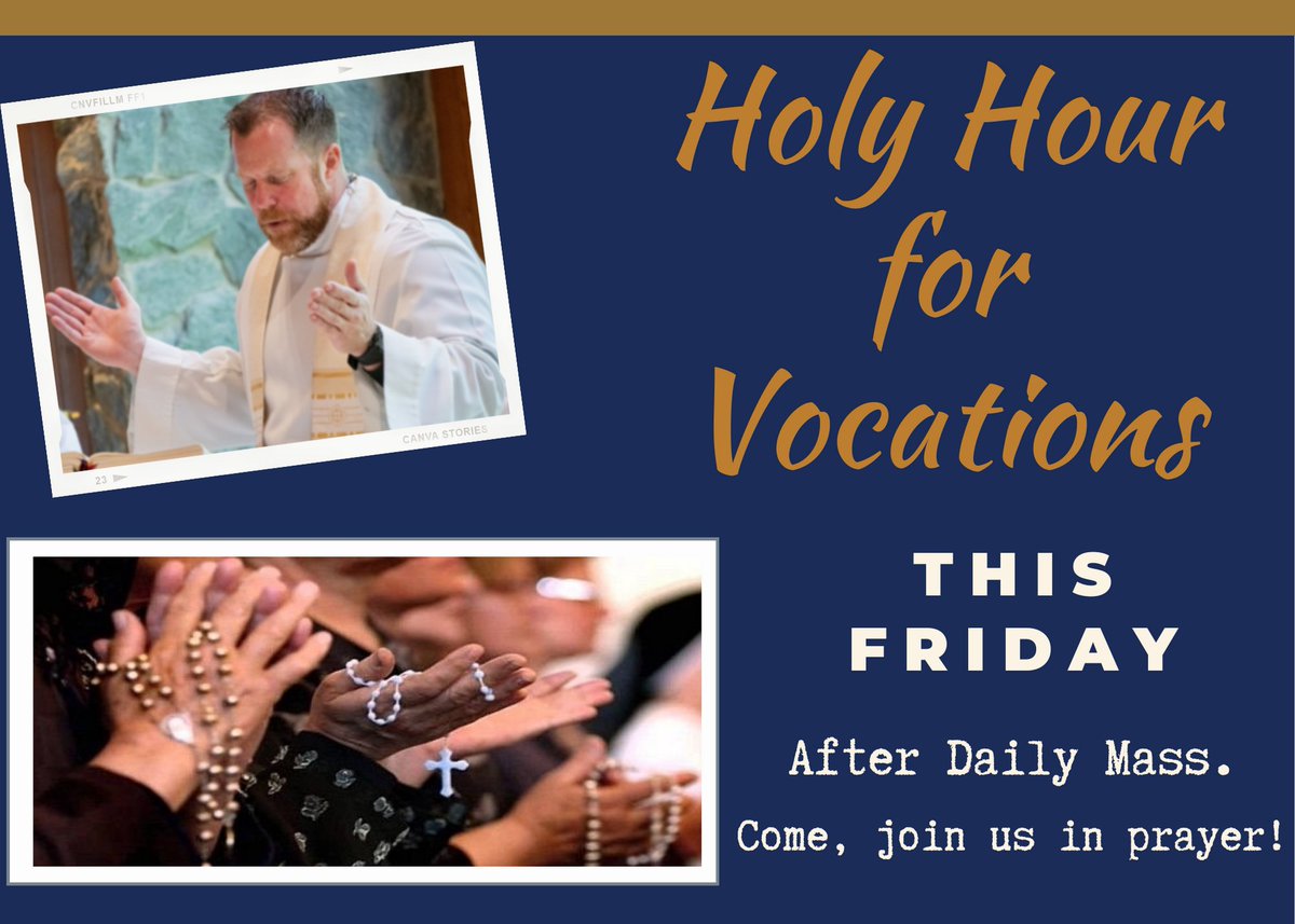 Join us today after Daily Mass as we pray a Holy Hour for Vocations.
The Holy Hour will include praying a Litany for Vocations and praying the Luminous Mysteries of the Rosary. Hope to see you there!
#growdeep #prayforvocations #shareblessings #oviedocatholic