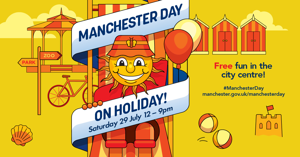 Get the school holidays off to a great start with a day of free fun in the city centre on Saturday 29 July. 🤗 
Amuse your kids and delight your family with music, dance, performance, street food and more at #ManchesterDay - On Holiday. 🌞 
Join the fun: manchester.gov.uk/manchesterday