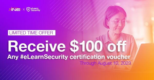 INEsecurity's tweet image. You asked and we delivered! 😌 Take $100 off ANY #eLearnSecurity certification voucher. bit.ly/3KdHod1
CODE elsJULY23100
#cybersecurity #pentesting #ITtraining