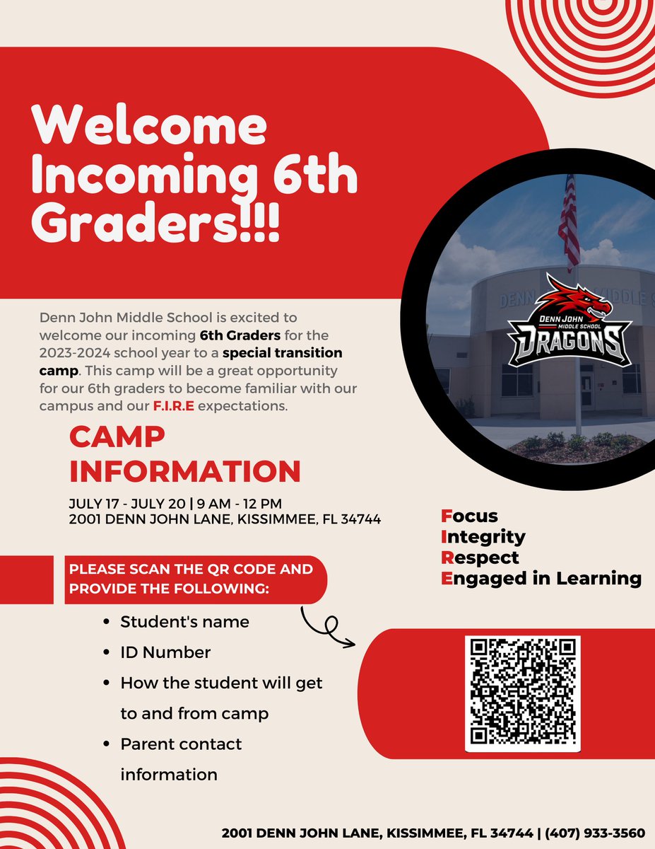 ATTENTION: Outgoing 5th graders attending Denn John Middle School in the Fall.  They are having a summer camp for incoming 6th graders.  Please see the flyer for more information.