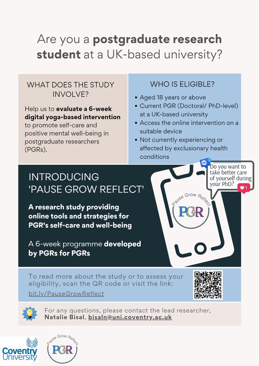 📢 Are you a PGR/ PhD student in the UK? 

🎓 Are you interested in helping us to evaluate a 6-week programme to support PGRs’ self-care and well-being. 

Please follow this link to find out more: bit.ly/PauseGrowRefle… 

⏰ Starts w/c 24th July.

#PhDTwitter #PhDForum #PhDLife