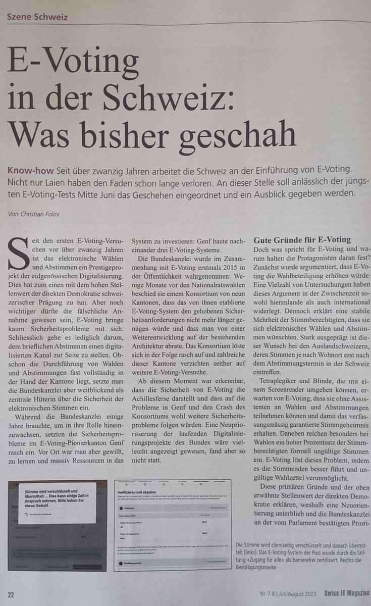 ChrFolini's tweet photo. .@SwissITMagazine asked me to give a brief overview on the history and status of #EVoting in 🇨🇭. 

Nothing really new, but I am closing the article with a remark that the trust issue hangs over the technology like a sword of Damocles for the time being. https://t.co/0wF2im5e3U