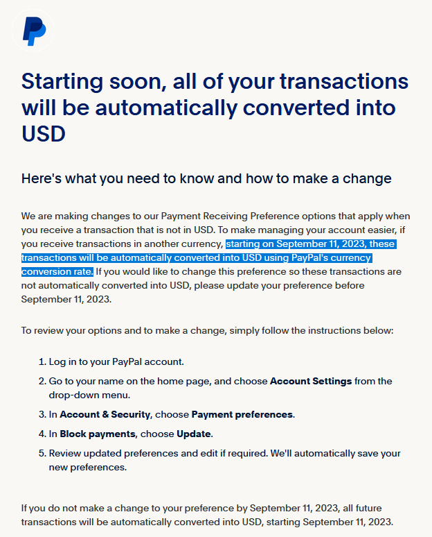 BACONGUDEN's tweet photo. 📢 PSA TO ALL CONTENT CREATORS AND ARTISTS USING PAYPAL FOR PAYMENTS

PayPal just sent this email about AUTOMATICALLY converting all payments to USD, adding a conversion fee to all transfers if you don't OPT OUT MANUALLY.

MAKE SURE TO DO THIS ASAP.
#Vtuber #Twitch #PayPal https://t.co/zDJa30ws8S
