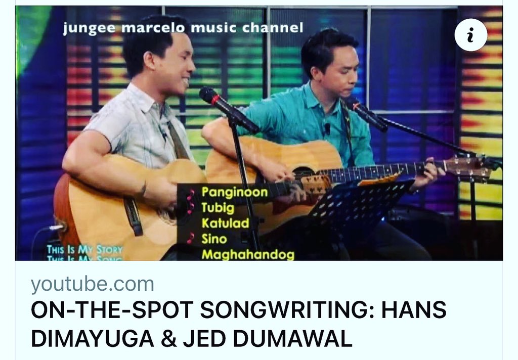 ON-THE-SPOT SONGWRITING: HANS DIMAYUGA &amp; JED DUMAWAL

Originally aired: February 2016
Via THIS IS MY STORY, THIS IS MY SONG (Improv Game)

#HansDimayuga #JedDumawal
#ThisIsMyStoryThisIsMySong
#OnTheSpotSongwriting #ImprovGame 
#GODisGood

youtu.be/MWZt2aK1Txo