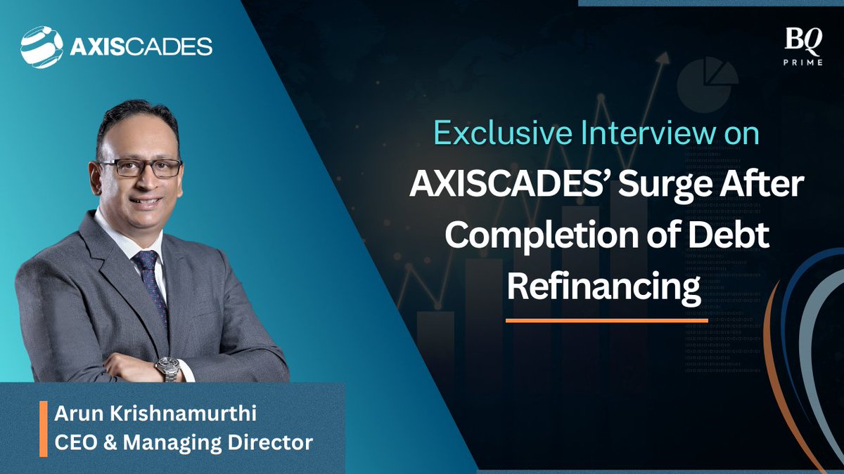 AXISCADES's tweet photo. Our CEO & MD, Mr. Arun Krishnamurthi, in an exclusive interview with @bqprime  Primes discussed the completion of debt refinancing of over 200Cr, strong growth in FY23, and the outlook for the upcoming quarters of FY24. He also talks about our strategic focus on securing large indigenous defence orders, as well as our recent acquisition of Add Solution GmbH, a German company specialized in automotive solutions. He also emphasizes the tremendous potential inherent in our focus sectors such as semiconductors, embedded software, and digital technologies.

Watch the full interview here: https://t.co/QaJ8HUvCzF

#Leadership #Growth #exclusiveinterview #bqprimes #ceo #growth #fy23 #fy24 #acquisition #automotive #embedded #defenceindustry #semiconductor #digital #interview #semiconductors #software
