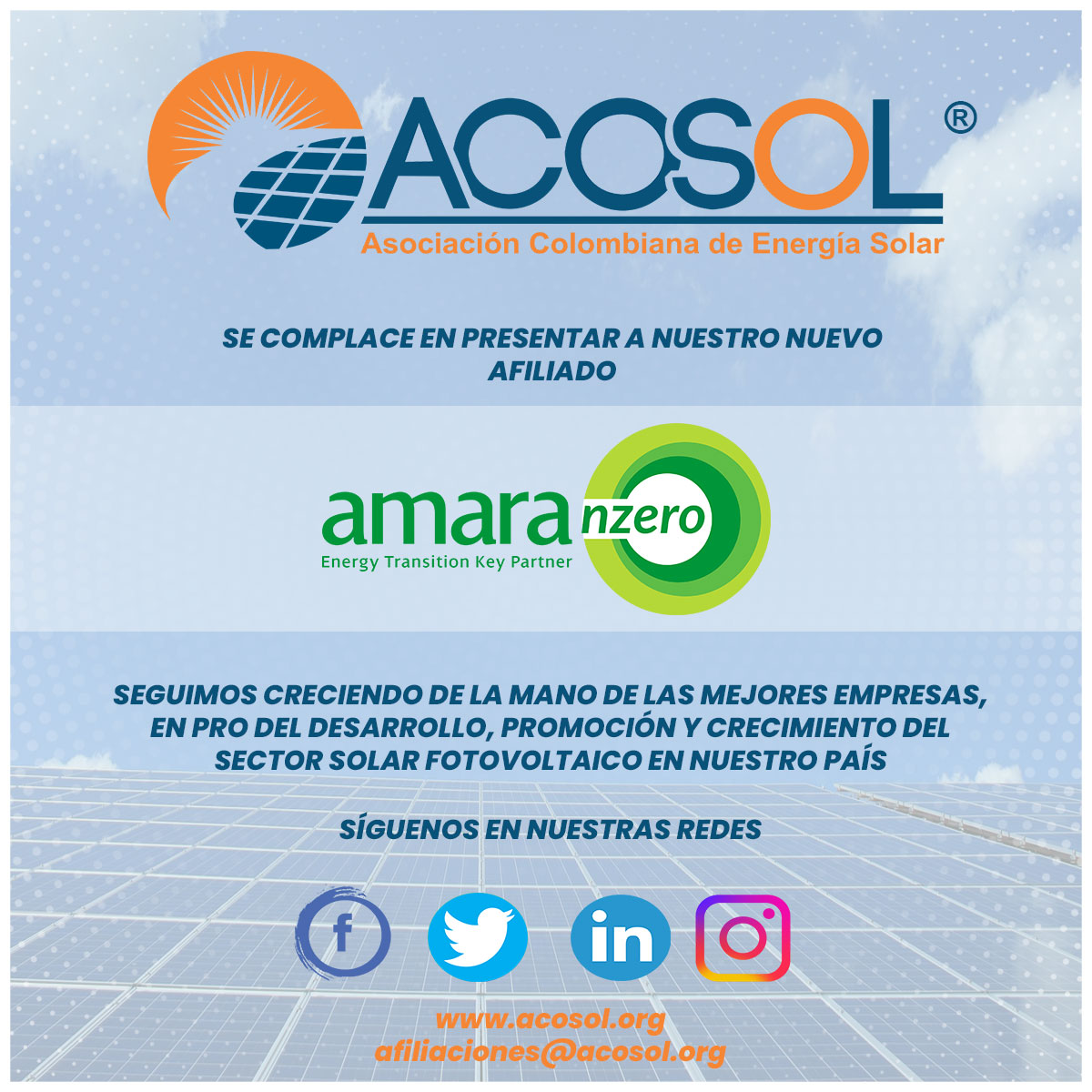 La ACOSOL da la bienvenida a nuestra nueva empresa afiliada Amara NZero, importante empresa española con presencia en 8 países (España, Portugal, México, Brasil, Italia, EEUU, China y Colombia), comprometida con la descarbonización y transición energética