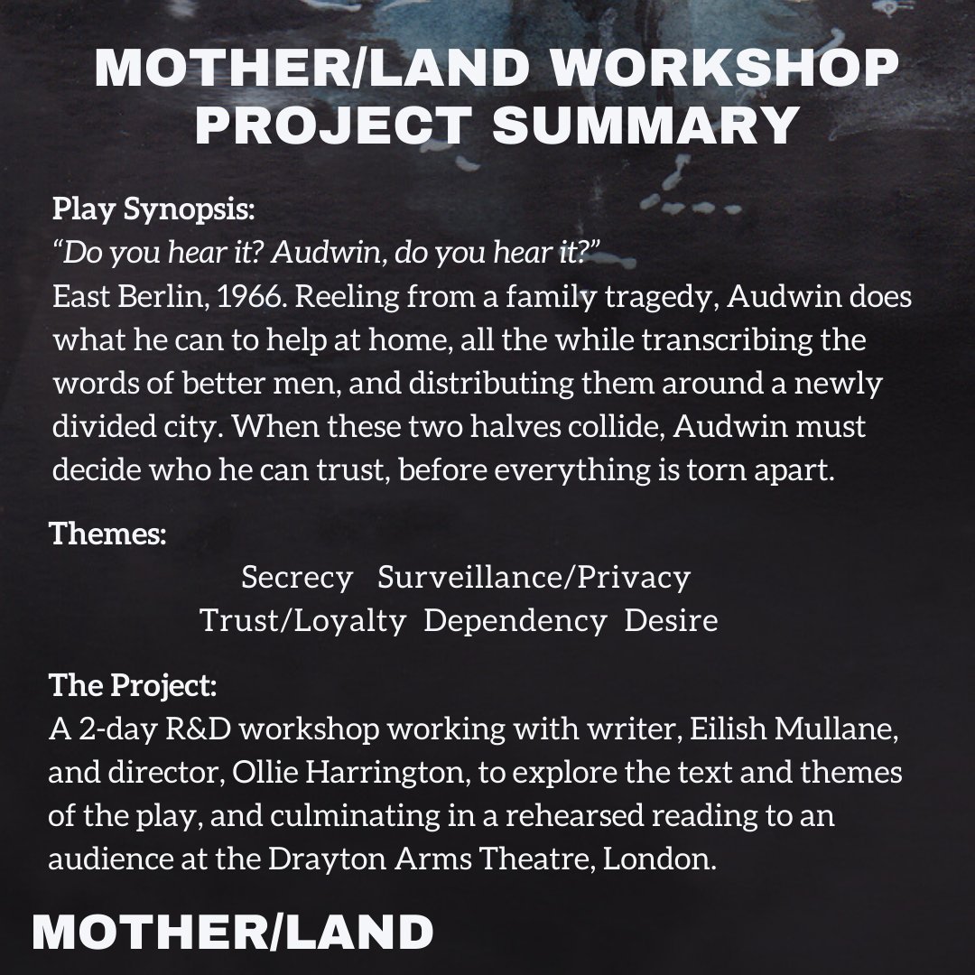 MotherLand_Play's tweet photo. CALLOUT FOR ACTORS 

We need 3 actors to explore the play with us in a 2 day R&amp;D workshop &amp; perform in a rehearsed reading @draytonarmssw5.

Unfortunately we are not funded, so we are looking for actors who are happy to volunteer their time at this early stage of the project. https://t.co/TQwwTo06wY